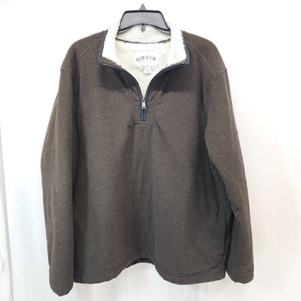 Orvis Men's Size XL Sherpa Lined Quarter 1/4 Zip Pullover Sweater Brown